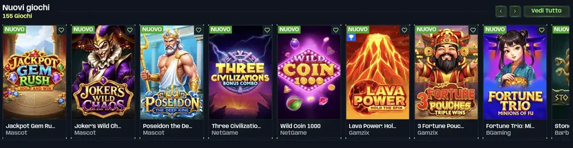 Sezione Nuovi giochi (155 giochi) su Nitrobet: Jackpot Gem Rush, Joker's Wild Chaos, Poseidon the Deep King, Three Civilizations, Wild Coin 1000, Lava Power, 3 Fortune Pouches, Fortune Trio
