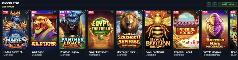 Sezione Giochi TOP (268 giochi) su Nitrobet: Hades Realm of Fortune, Wild Tiger, Panther Legacy, Egypt Fortunes, Serengeti Sunrise, Royal Beellion, Imperial Hoard, Buffalo King Megaways