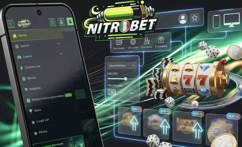 Menu mobile di Nitrobet su smartphone con le voci Home, Sports, Casinò, Casinò Live, Bonus, Negozio, Mappa bonus giornaliera, Gare, Livelli VIP e Plinko