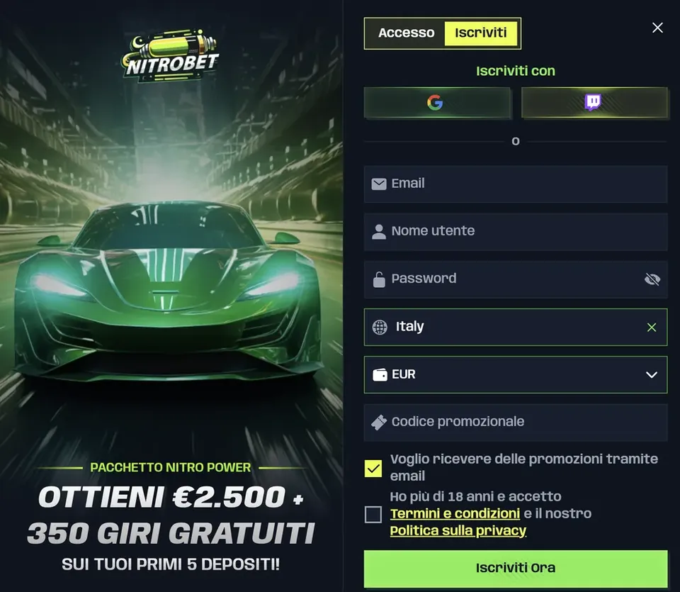 Modulo di registrazione Nitrobet con campi email, nome utente, password, Paese, valuta, codice promozionale e pulsante Iscriviti Ora