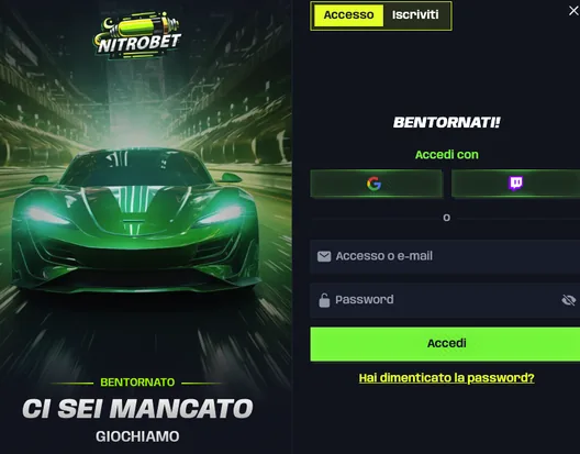 Finestra di login Nitrobet: accesso con e-mail, Google o Twitch