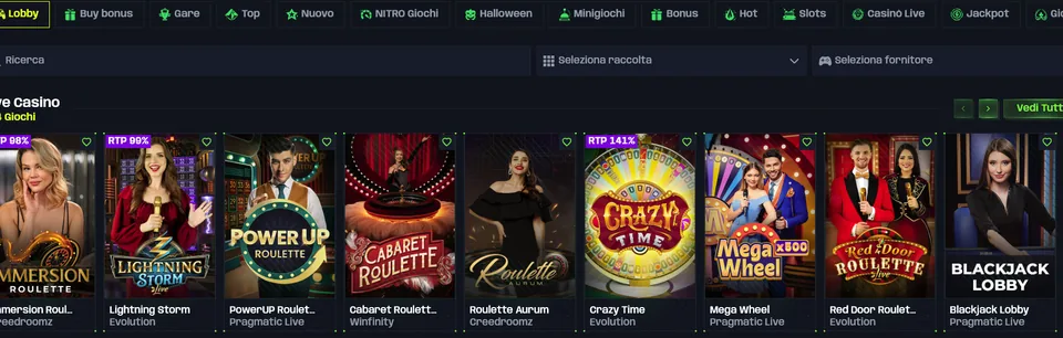 Lobby giochi Nitrobet con categorie e filtro fornitore
