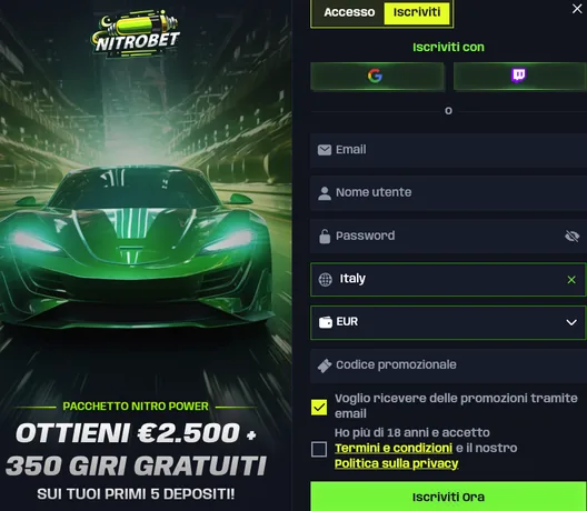Modulo di registrazione Nitrobet con accesso Google e Twitch